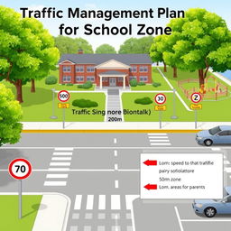 A detailed diagram illustrating a traffic management plan for a school zone