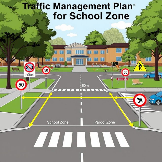 A detailed diagram illustrating a traffic management plan for a school zone