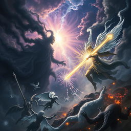 A dramatic scene depicting the epic battle between darkness and light, showcasing a celestial battlefield filled with swirling shadows and radiant beams of light
