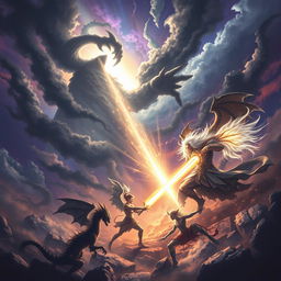 A dramatic scene depicting the epic battle between darkness and light, showcasing a celestial battlefield filled with swirling shadows and radiant beams of light