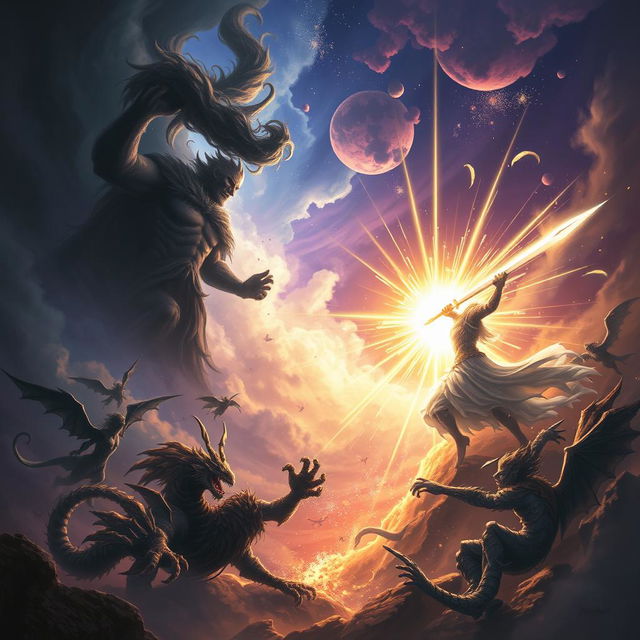 A dramatic scene depicting the epic battle between darkness and light, showcasing a celestial battlefield filled with swirling shadows and radiant beams of light