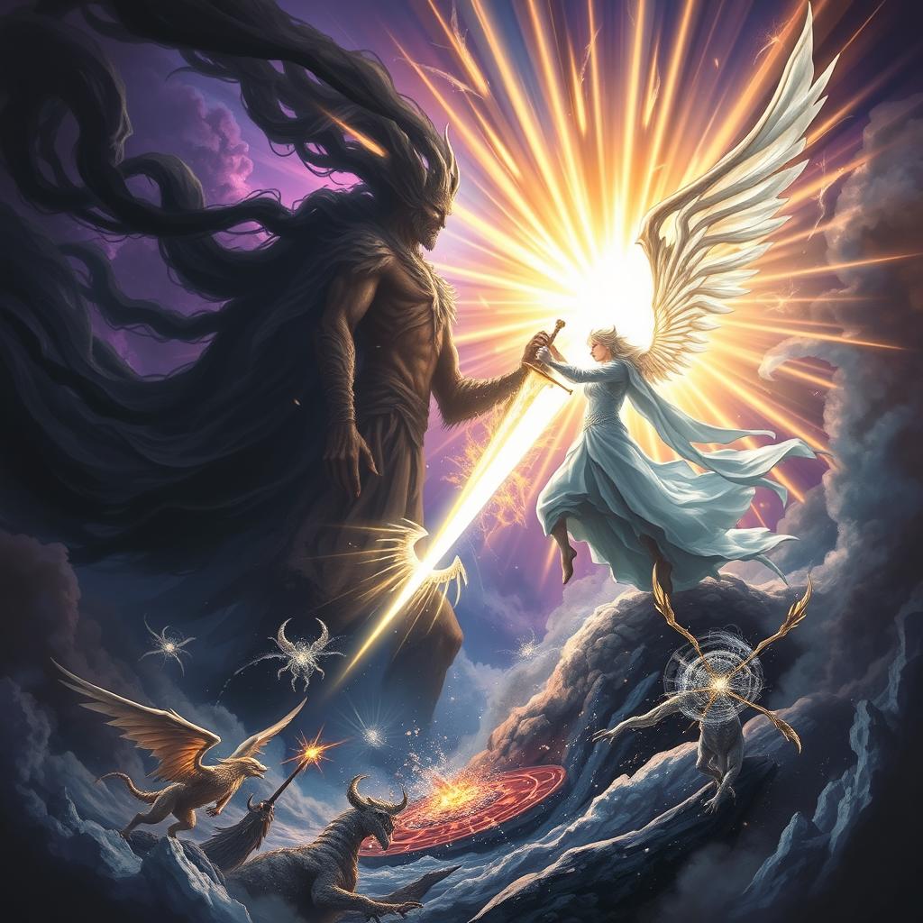 A dramatic scene depicting the epic battle between darkness and light, showcasing a celestial battlefield filled with swirling shadows and radiant beams of light