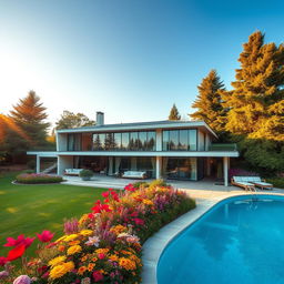 A picturesque dream house set in a serene landscape, featuring a modern architectural design with floor-to-ceiling windows overlooking a lush garden