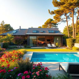 A picturesque dream house set in a serene landscape, featuring a modern architectural design with floor-to-ceiling windows overlooking a lush garden