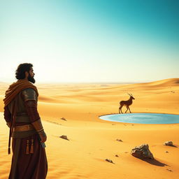 Rostam in a vast desert, observing a graceful gazelle walking toward a shimmering water source, with golden sands stretching under a bright azure sky