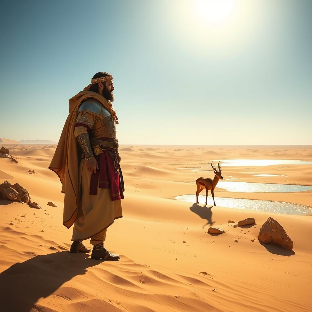 Rostam in a vast desert, observing a graceful gazelle walking toward a shimmering water source, with golden sands stretching under a bright azure sky