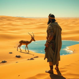 Rostam in a vast desert, observing a graceful gazelle walking toward a shimmering water source, with golden sands stretching under a bright azure sky
