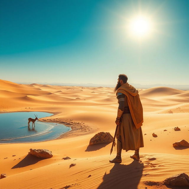 Rostam in a vast desert, observing a graceful gazelle walking toward a shimmering water source, with golden sands stretching under a bright azure sky