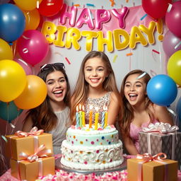 A vibrant and joyful birthday celebration scene featuring a birthday girl surrounded by colorful balloons, birthday cake, and cheerful friends