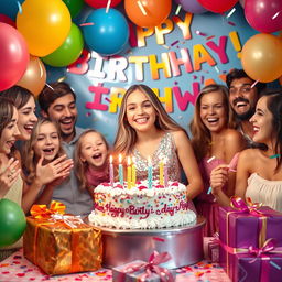 A vibrant and joyful birthday celebration scene featuring a birthday girl surrounded by colorful balloons, birthday cake, and cheerful friends