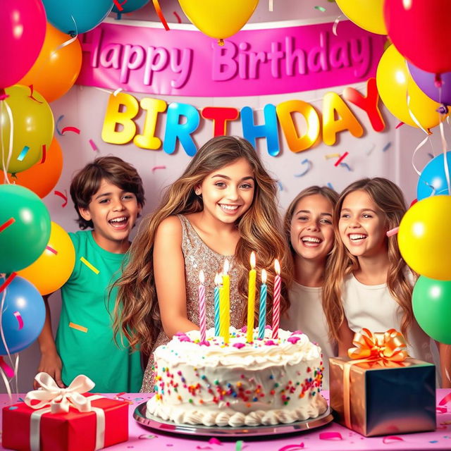 A vibrant and joyful birthday celebration scene featuring a birthday girl surrounded by colorful balloons, birthday cake, and cheerful friends