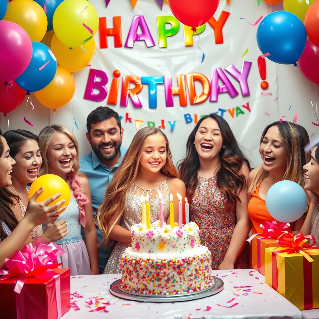 A vibrant and joyful birthday celebration scene featuring a birthday girl surrounded by colorful balloons, birthday cake, and cheerful friends