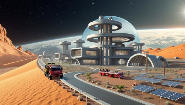 A futuristic Martian landscape featuring a striking modern building with multiple levels and circular design elements, surrounded by red desert sand