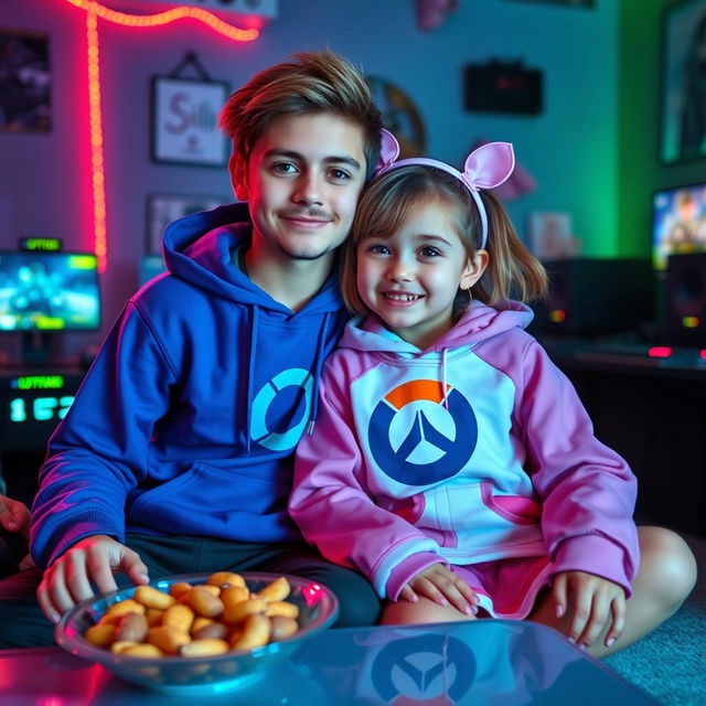 A girl and a boy sitting closely together, dressed in gamer's attire