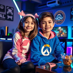A girl and a boy sitting closely together, dressed in gamer's attire
