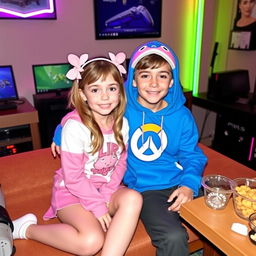 A girl and a boy sitting closely together, dressed in gamer's attire