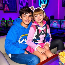 A girl and a boy sitting closely together, dressed in gamer's attire