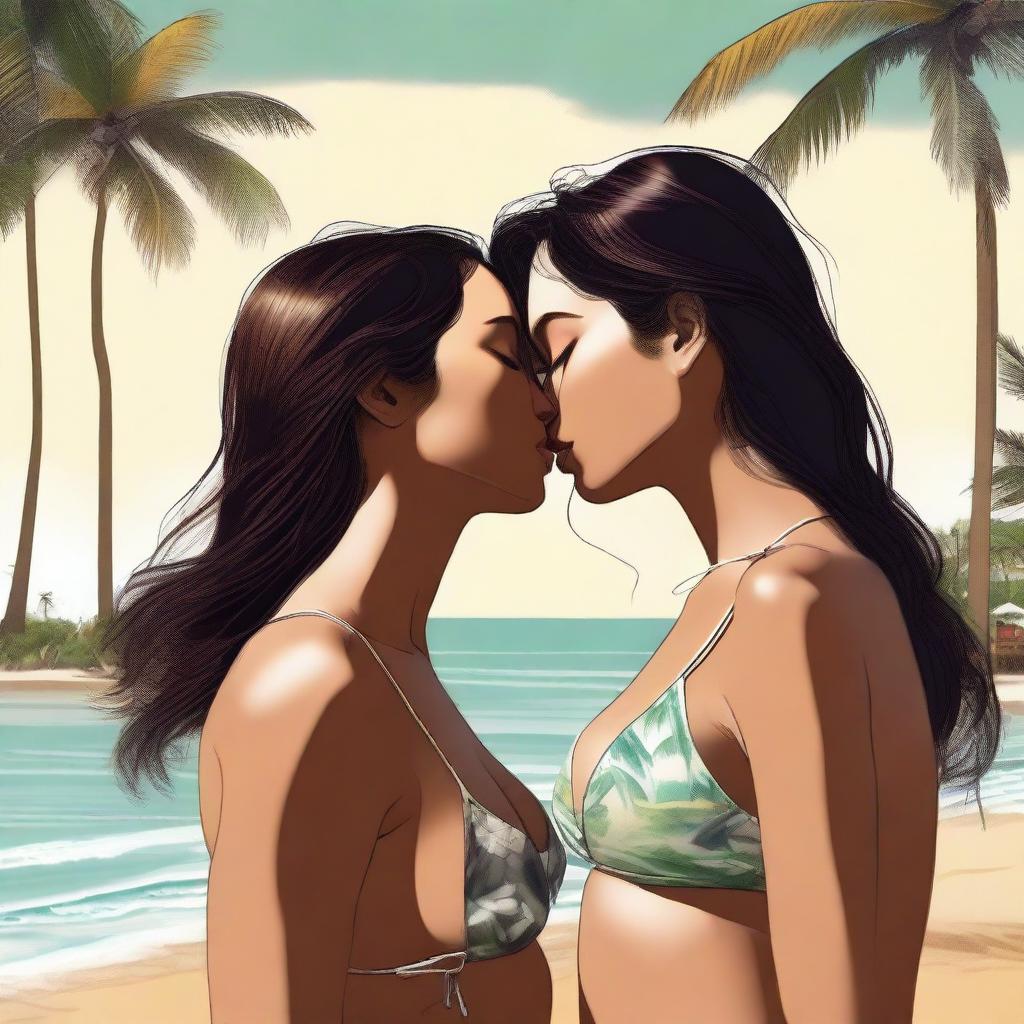 This is a tastefully done, high-resolution digital art image featuring two women in the foreground, both clad in stylish bikinis