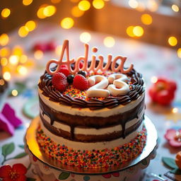 A beautifully decorated birthday cake featuring the name 'Adiva' elegantly written in vibrant icing on the top