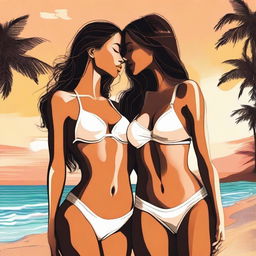 This is a digital art image that displays two women in fashionable bikinis, their faces close together as they share a tender moment