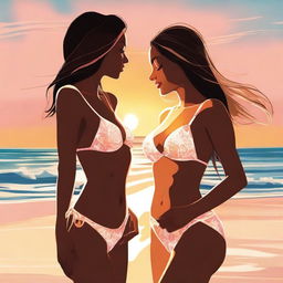 This is a digital art image that displays two women in fashionable bikinis, their faces close together as they share a tender moment