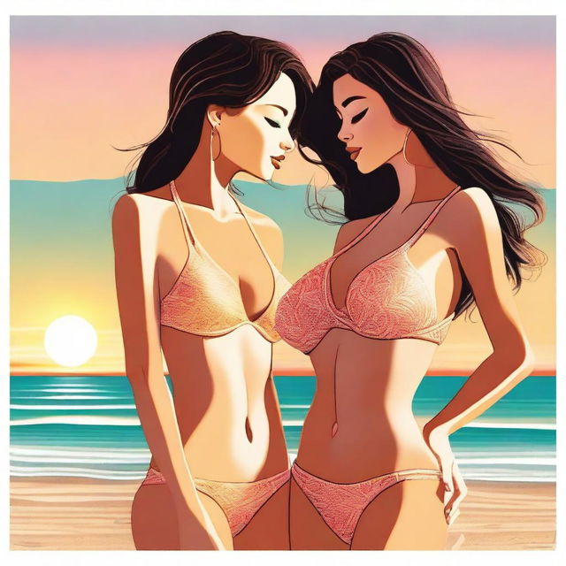 This is a digital art image that displays two women in fashionable bikinis, their faces close together as they share a tender moment