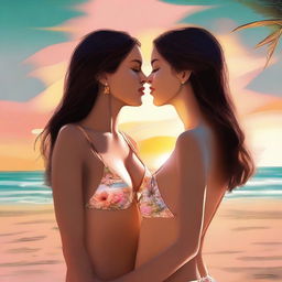 This is a digital art image that displays two women in fashionable bikinis, their faces close together as they share a tender moment