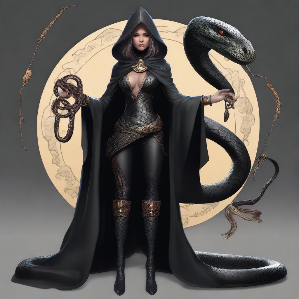 A high-quality digital art piece of a female anthropomorphic snake warlock