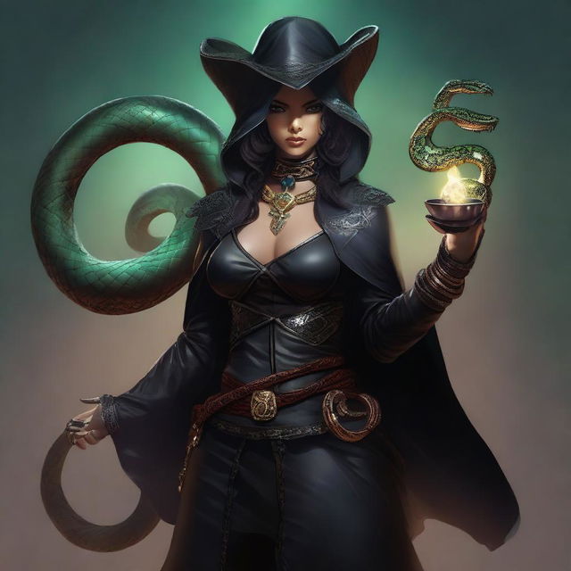 A high-quality digital art piece of a female anthropomorphic snake warlock