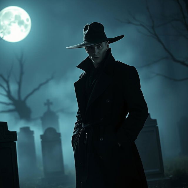 A mysterious figure dressed in a long, dark trench coat with a wide-brimmed hat, standing in a dimly lit graveyard