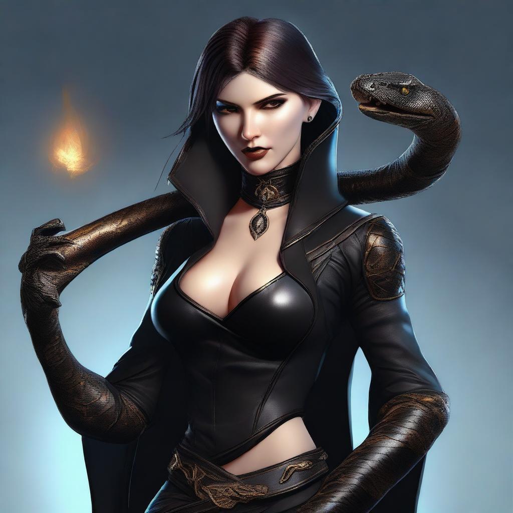 A high-resolution digital art image showcasing a half-snake female warlock