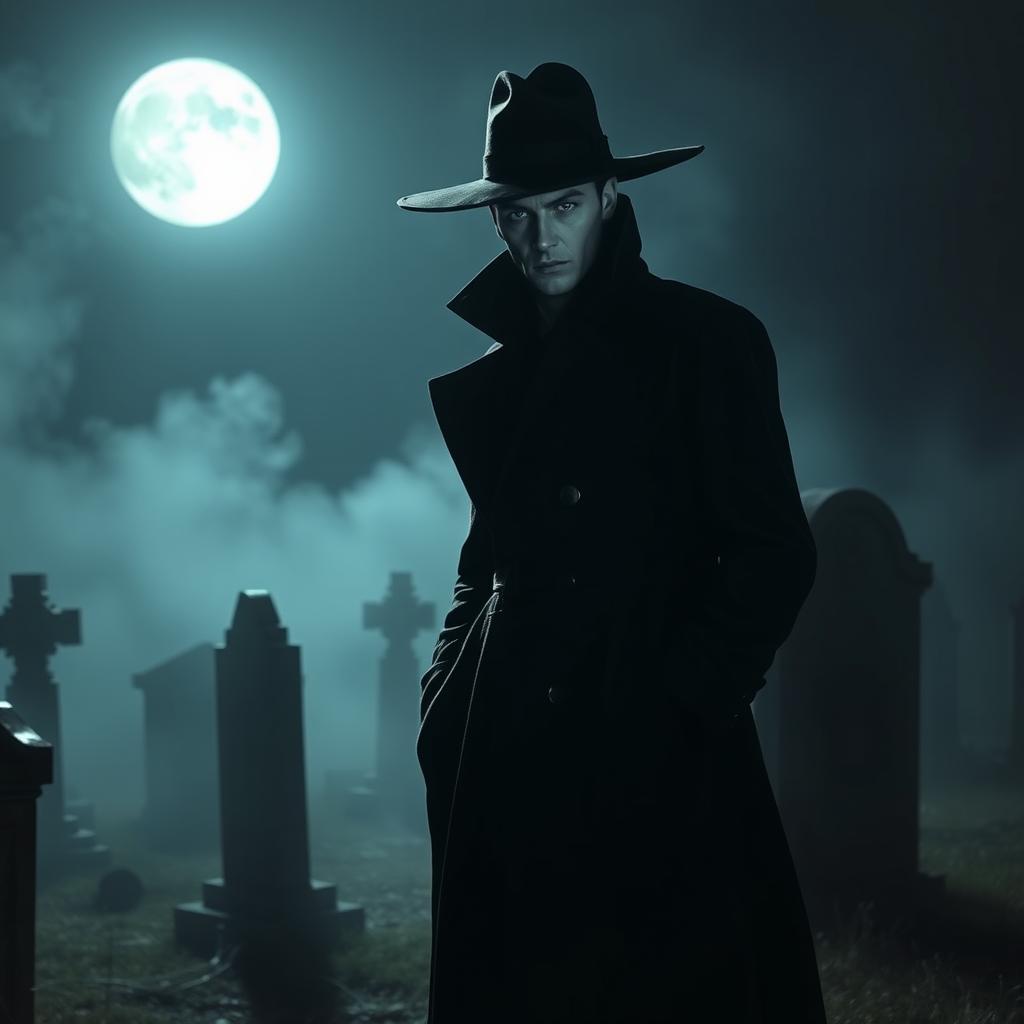 A mysterious figure dressed in a long, dark trench coat with a wide-brimmed hat, standing in a dimly lit graveyard