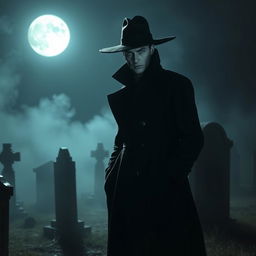 A mysterious figure dressed in a long, dark trench coat with a wide-brimmed hat, standing in a dimly lit graveyard