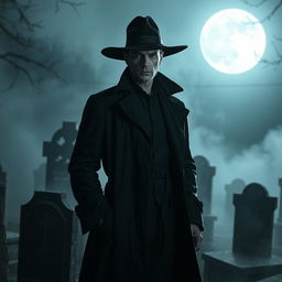A mysterious figure dressed in a long, dark trench coat with a wide-brimmed hat, standing in a dimly lit graveyard