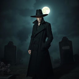 A mysterious figure dressed in a long, dark trench coat with a wide-brimmed hat, standing in a dimly lit graveyard
