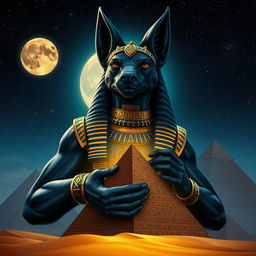 A detailed closeup of Anubis, the ancient Egyptian god of the afterlife, depicted majestically holding the pyramids in his powerful hands
