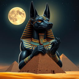 A detailed closeup of Anubis, the ancient Egyptian god of the afterlife, depicted majestically holding the pyramids in his powerful hands