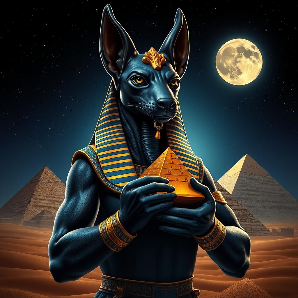 A detailed closeup of Anubis, the ancient Egyptian god of the afterlife, depicted majestically holding the pyramids in his powerful hands