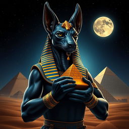 A detailed closeup of Anubis, the ancient Egyptian god of the afterlife, depicted majestically holding the pyramids in his powerful hands