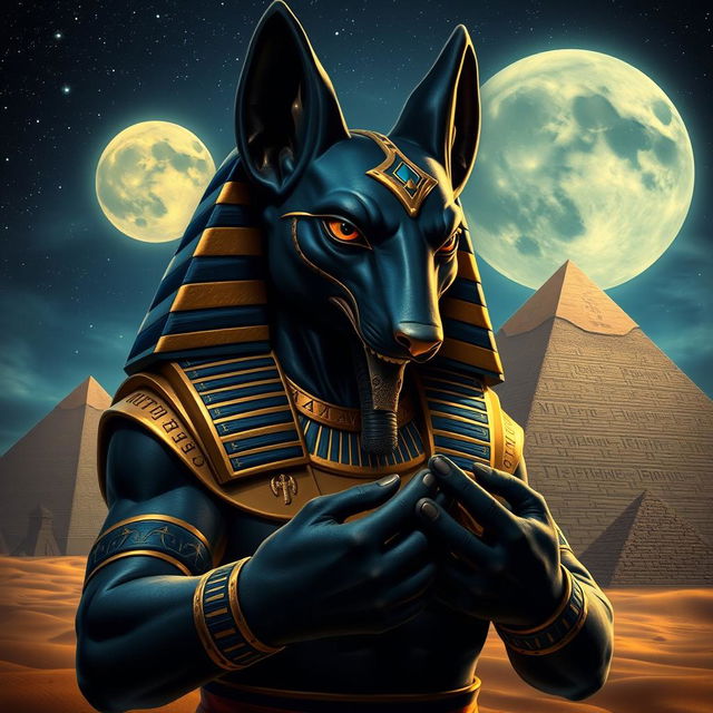 A detailed closeup of Anubis, the ancient Egyptian god of the afterlife, depicted majestically holding the pyramids in his powerful hands