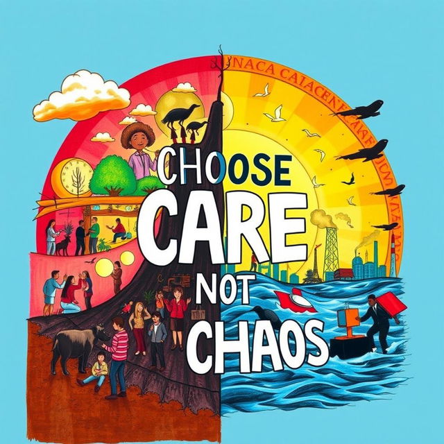 A vibrant and eye-catching poster drawing that illustrates the message "Choose Care, Not Chaos