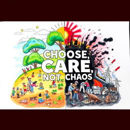 A vibrant and eye-catching poster drawing that illustrates the message "Choose Care, Not Chaos