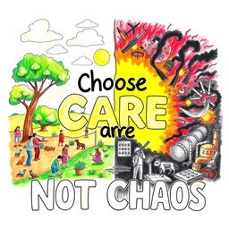 A vibrant and eye-catching poster drawing that illustrates the message "Choose Care, Not Chaos
