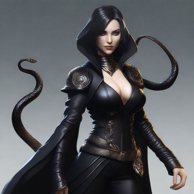 A high-resolution digital art image showcasing a half-snake female warlock