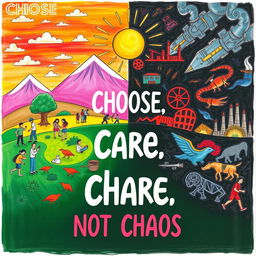 A vibrant and eye-catching poster drawing that illustrates the message "Choose Care, Not Chaos