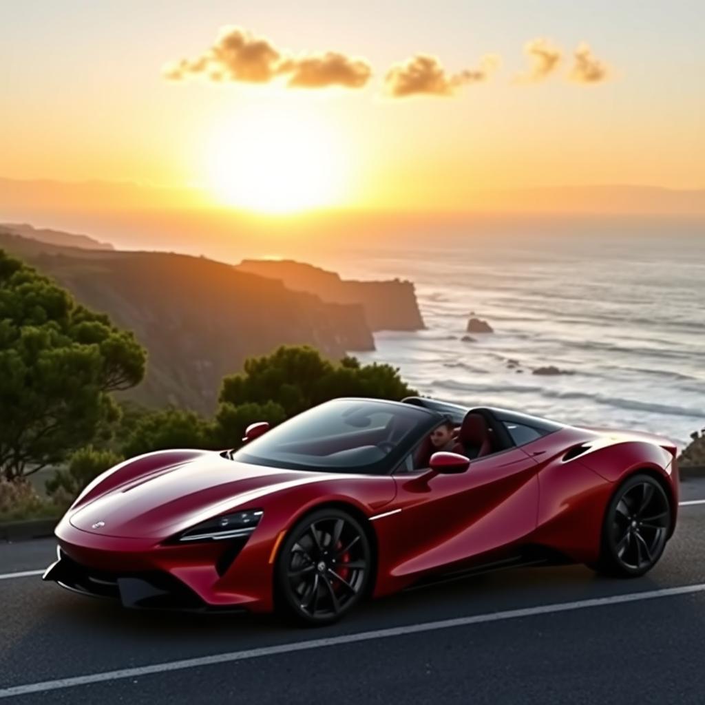 A sleek, modern sports car parked on a scenic coastal road