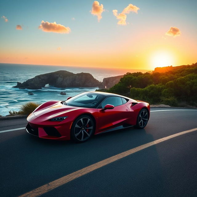 A sleek, modern sports car parked on a scenic coastal road