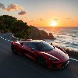 A sleek, modern sports car parked on a scenic coastal road