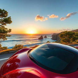A sleek, modern sports car parked on a scenic coastal road