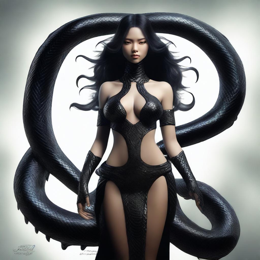 A top-tier digital art image presents a full body shot of a female Naga